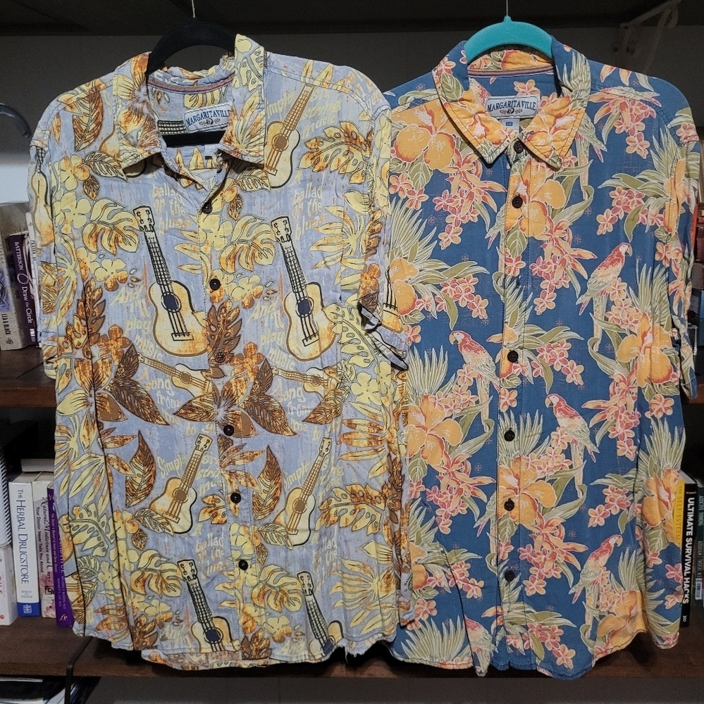 Margaritaville Hawaiian shirt duo. Floral Guitar/Hibiscus Parrot. Men's large
